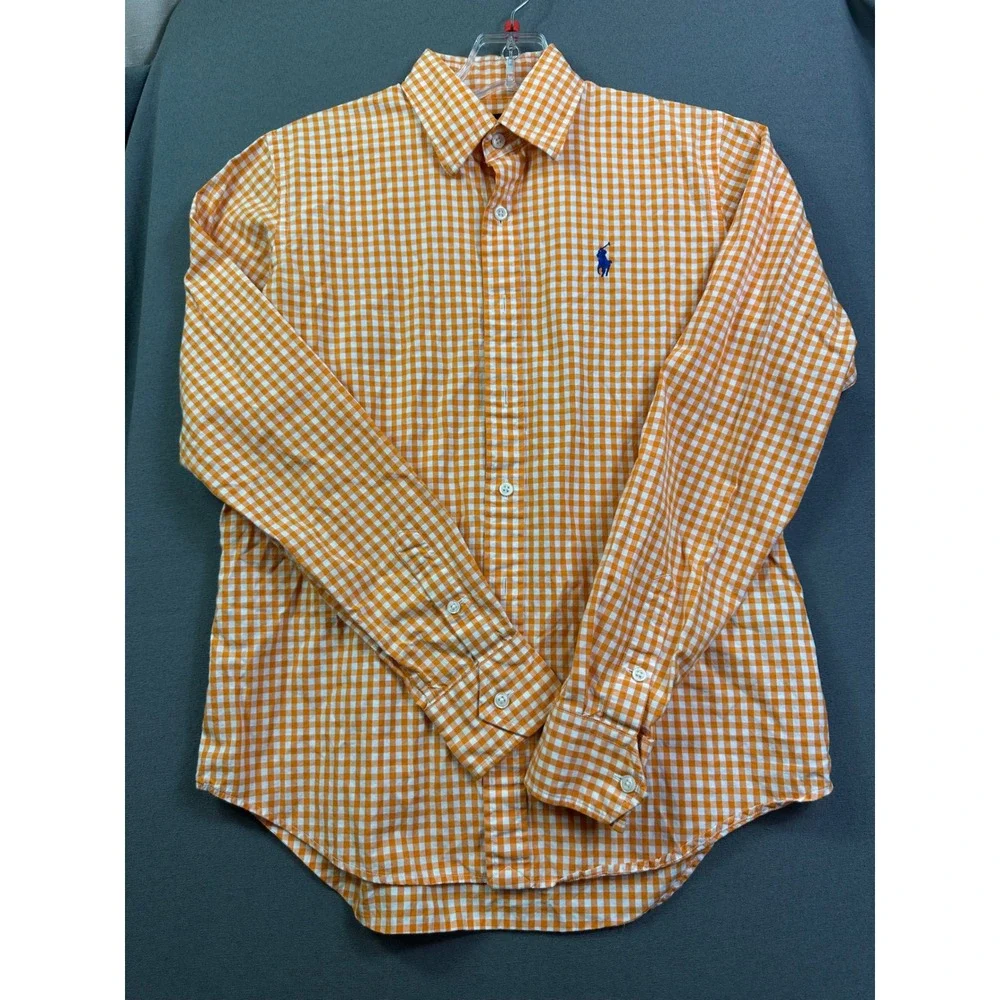 Ralph Lauren Sport Kids Orange Gingham Button Down Shirt Long Sleeve Size 6